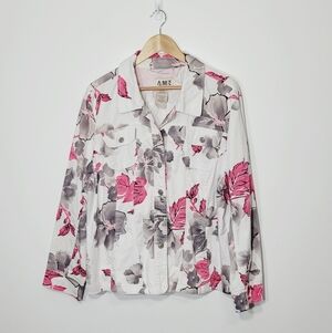 AMI Pink Gray Floral Cotton Blend Pockets Lightweight Causal Blazer Plus Size 2X